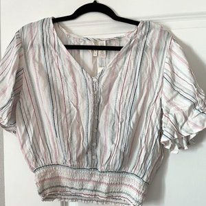 NWT Women's Japna Striped Short Sleeve Crop Top Size L Buttons Smocked